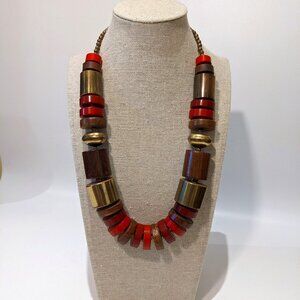 Vintage Chunky Wood Metal Brown Red Rust Bead Statement Necklace Boho Casual